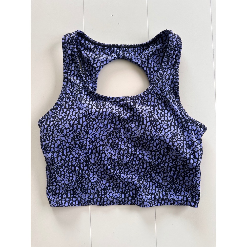 Kamo Fitness Purple Black Animal Print Keyhole Back Crop Top Sports Bra Tank S